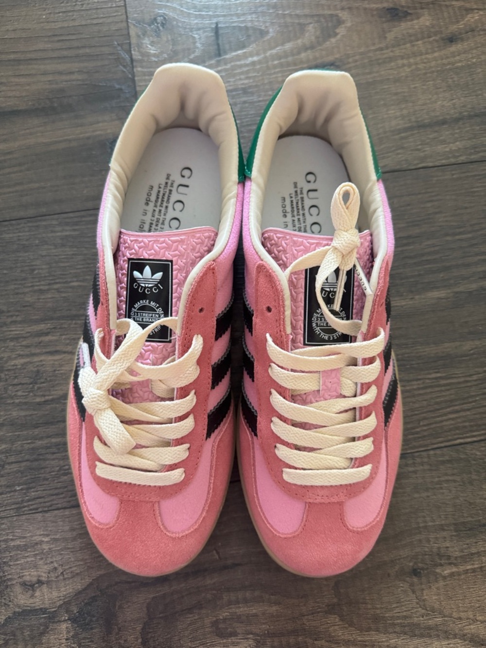 Gucci Pink Suede Sneakers with Black Stripes and Green Heel Tab - Picture 7 of 9